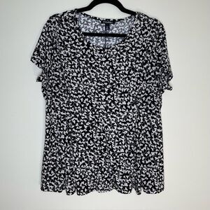Roz & Ali | Petite Short Sleeve Leaf Print Peplum Tunic Length Blouse | PXL